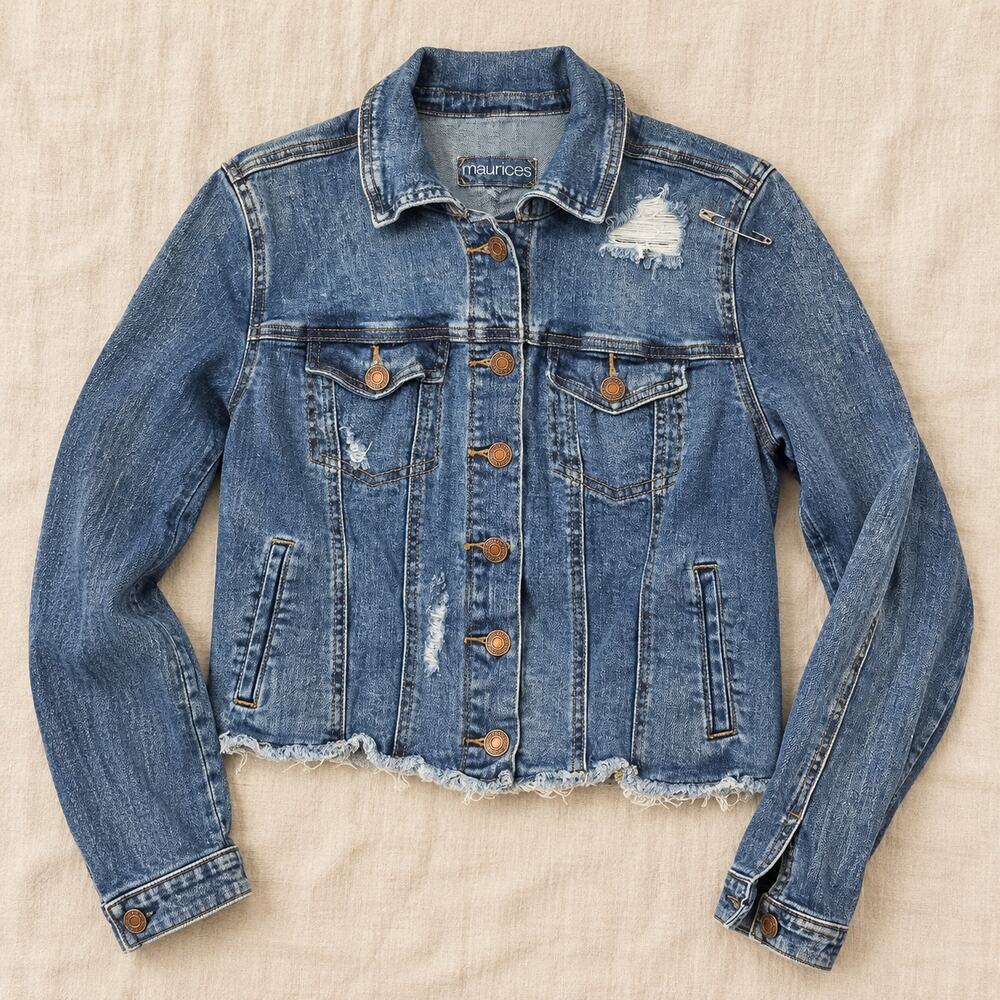 Maurices Denim Jacket Medium Blue Distressed Raw Hem Button Front